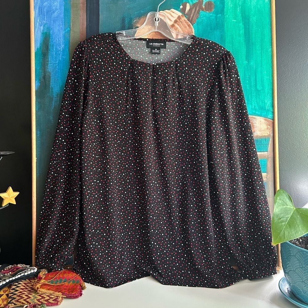 Liz Claiborne Polka Dot Blouse Women’s M Black Long Sleeve Career Top